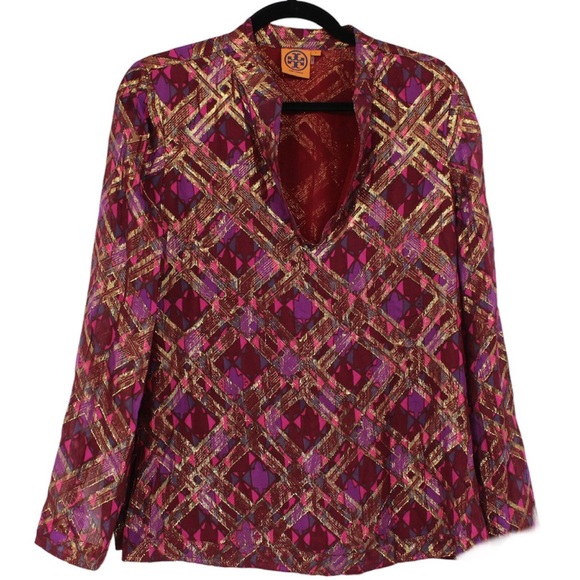 TORY BURCH Silk Chiffon Tunic Top Blouse Maroon Gold Size 4 - Picture 6 of 16
